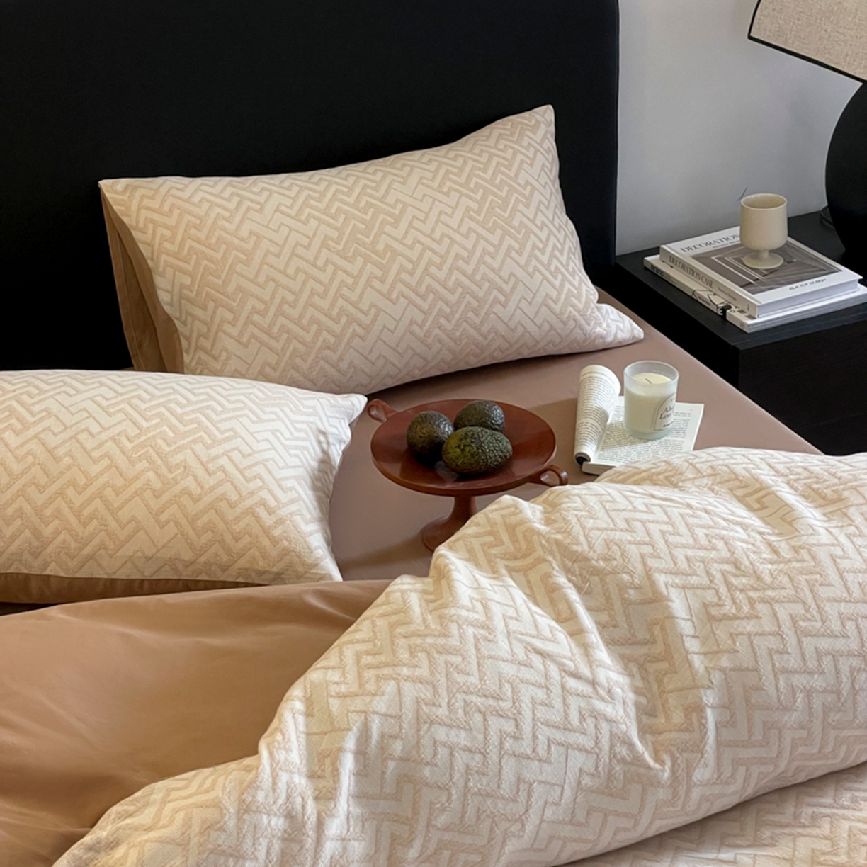 91家纺网 家纺一手货源 找家纺 ab家纺 2026新款全棉纯棉三层纱提花四件套 菱形格-米咖