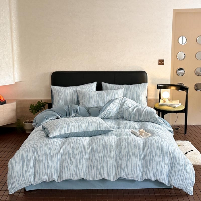 91家纺网 家纺一手货源 找家纺 ab家纺 2026新款全棉纯棉三层纱提花四件套 米亚-浅蓝