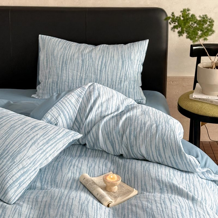 91家纺网 家纺一手货源 找家纺 ab家纺 2026新款全棉纯棉三层纱提花四件套 米亚-浅蓝