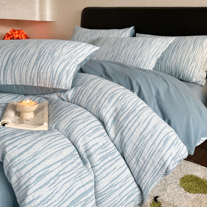 91家纺网 家纺一手货源 找家纺 ab家纺 2026新款全棉纯棉三层纱提花四件套 米亚-浅蓝