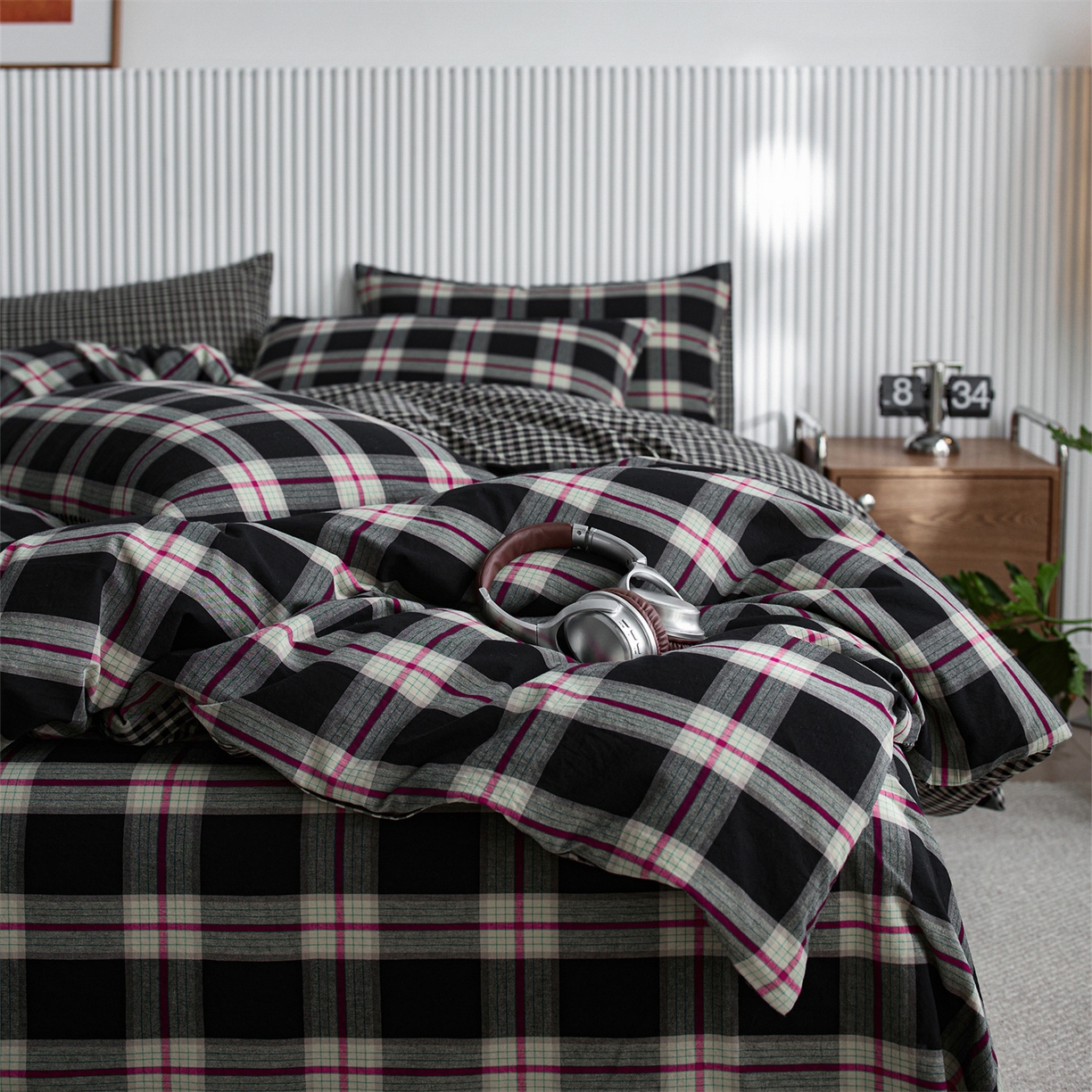 91家纺网 家纺一手货源 找家纺 启程家纺 2026新款纯棉水洗棉复古大格系列多规格纯棉四件套 摩登大黑