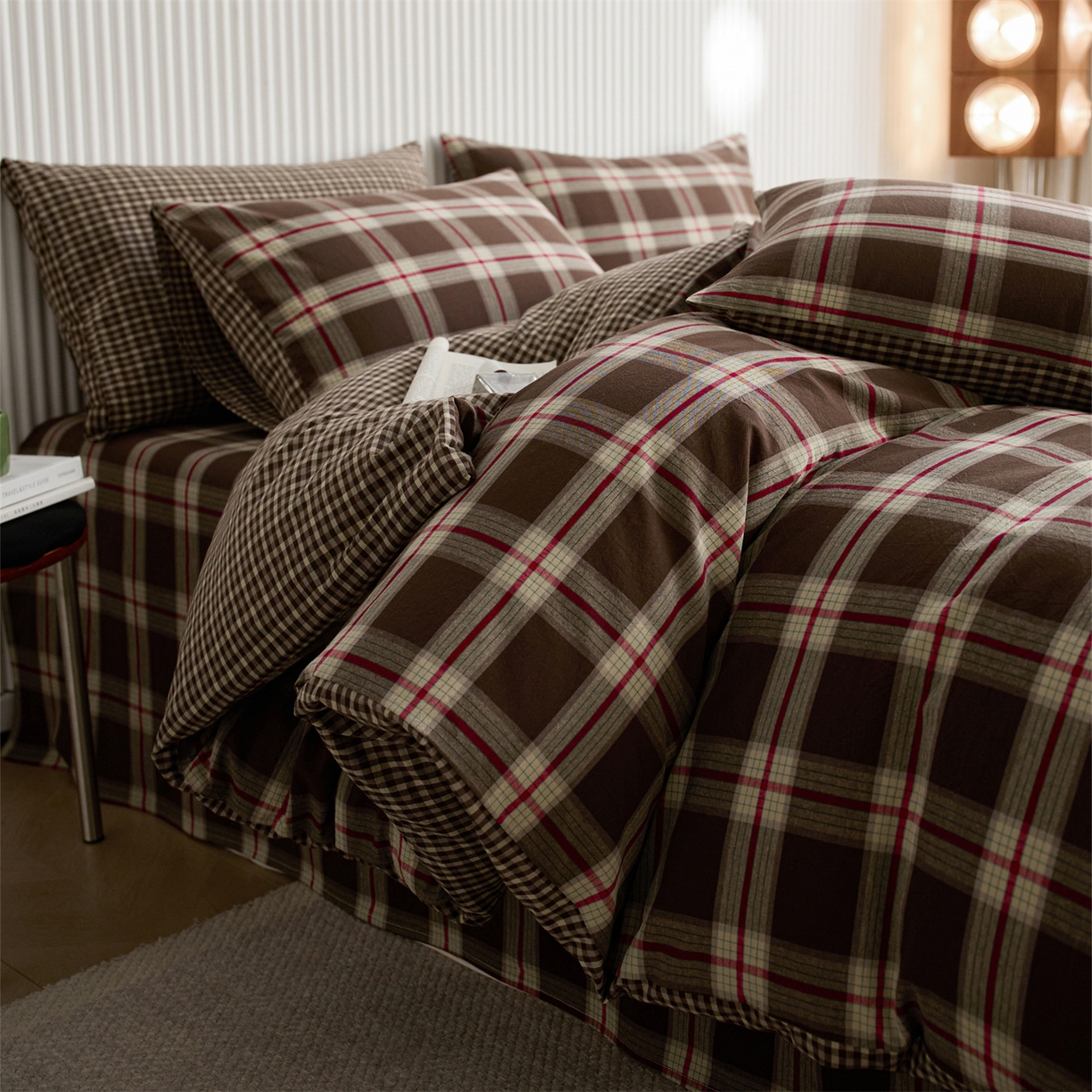 91家纺网 家纺一手货源 找家纺 启程家纺 2026新款纯棉水洗棉复古大格系列多规格纯棉四件套 摩登大咖