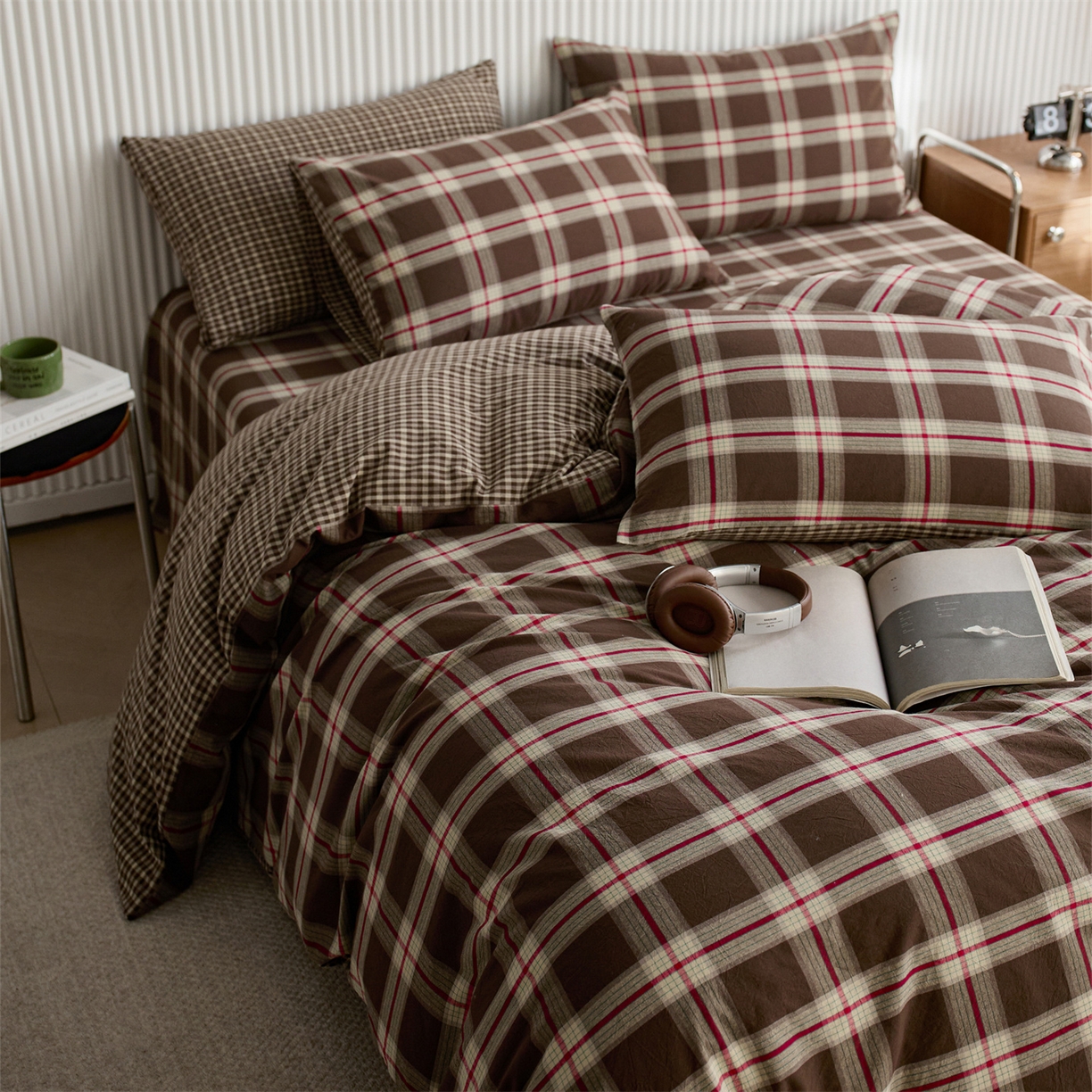 91家纺网 家纺一手货源 找家纺 启程家纺 2026新款纯棉水洗棉复古大格系列多规格纯棉四件套 摩登大咖