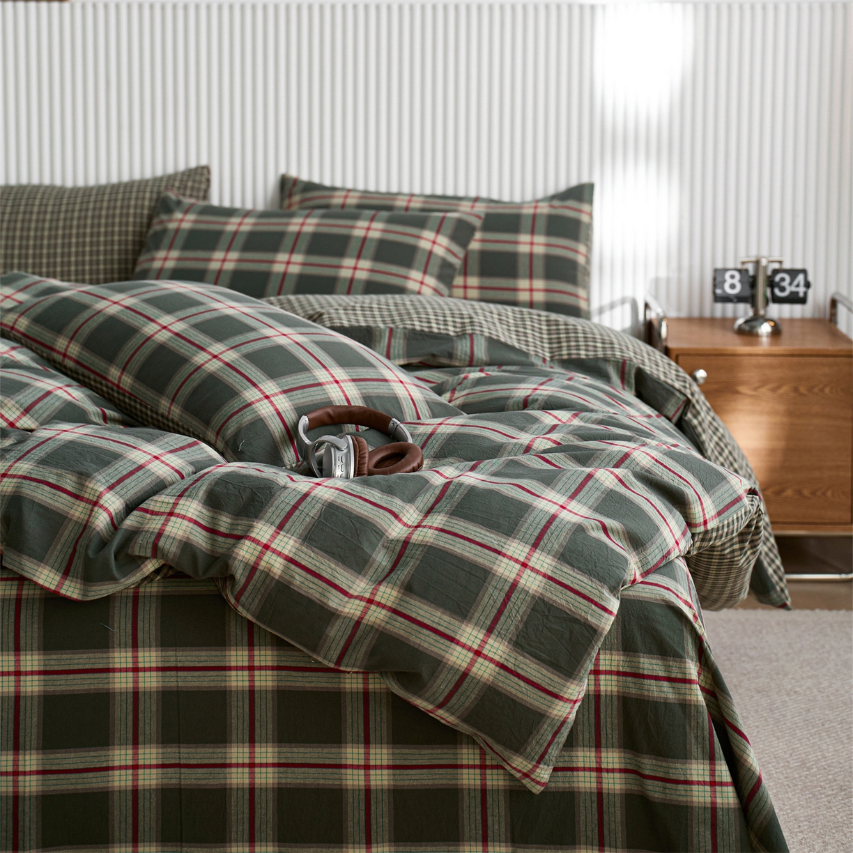 91家纺网 家纺一手货源 找家纺 启程家纺 2026新款纯棉水洗棉复古大格系列多规格纯棉四件套 摩登大绿