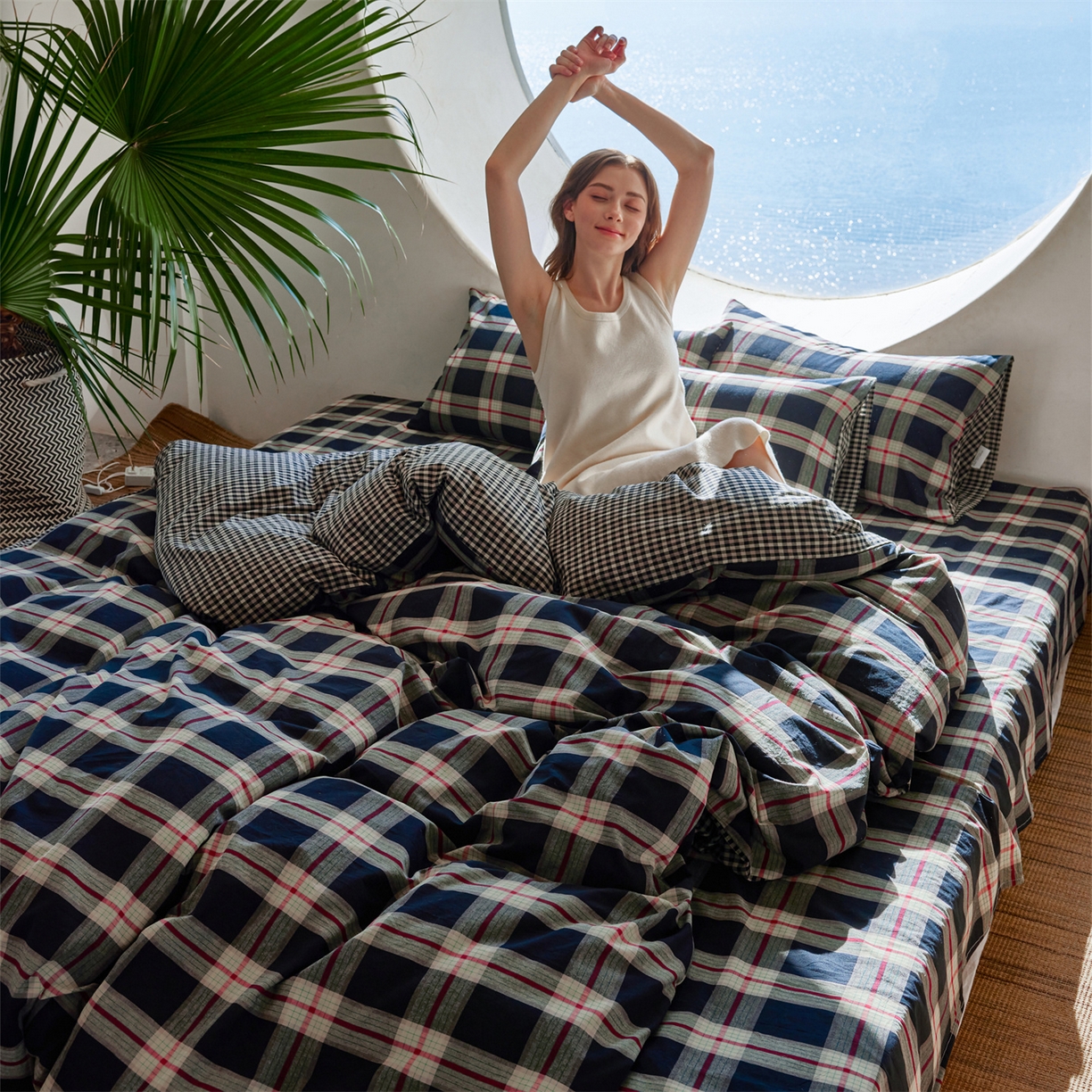 启程家纺 2026新款纯棉水洗棉复古大格系列多规格纯棉四件套 摩登大黑