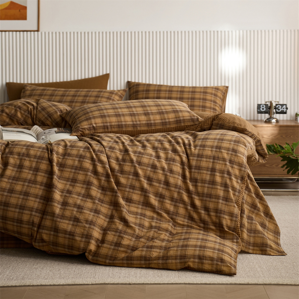 91家纺网 家纺一手货源 找家纺 启程家纺 2026新款纯棉水洗棉复古大格系列多规格纯棉四件套 苏格兰黄大格