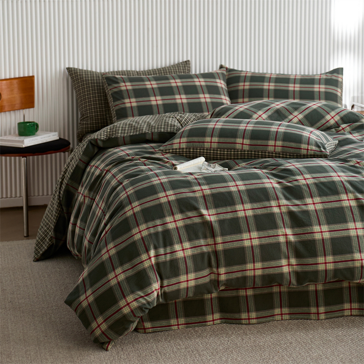 91家纺网 家纺一手货源 找家纺 启程家纺 2026新款纯棉水洗棉复古大格系列多规格纯棉四件套 摩登大绿