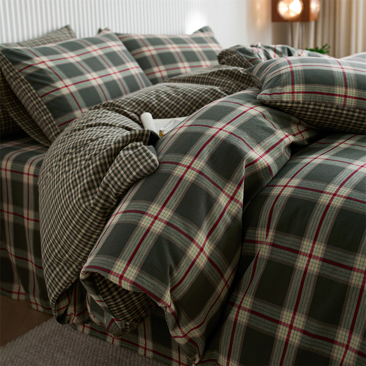 91家纺网 家纺一手货源 找家纺 启程家纺 2026新款纯棉水洗棉复古大格系列多规格纯棉四件套 摩登大绿