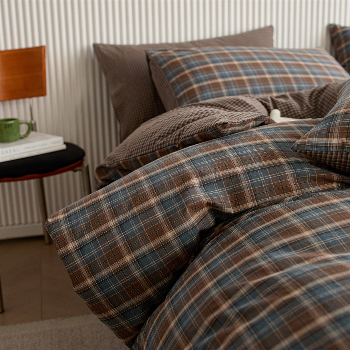 91家纺网 家纺一手货源 找家纺 启程家纺 2026新款纯棉水洗棉复古大格系列多规格纯棉四件套 苏格兰蓝大格