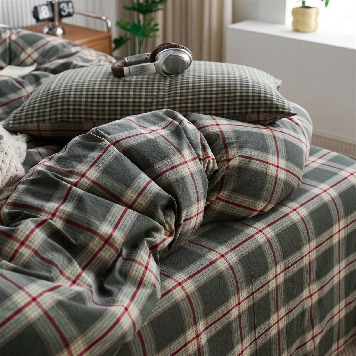 91家纺网 家纺一手货源 找家纺 启程家纺 2026新款纯棉水洗棉复古大格系列多规格纯棉四件套 摩登大绿