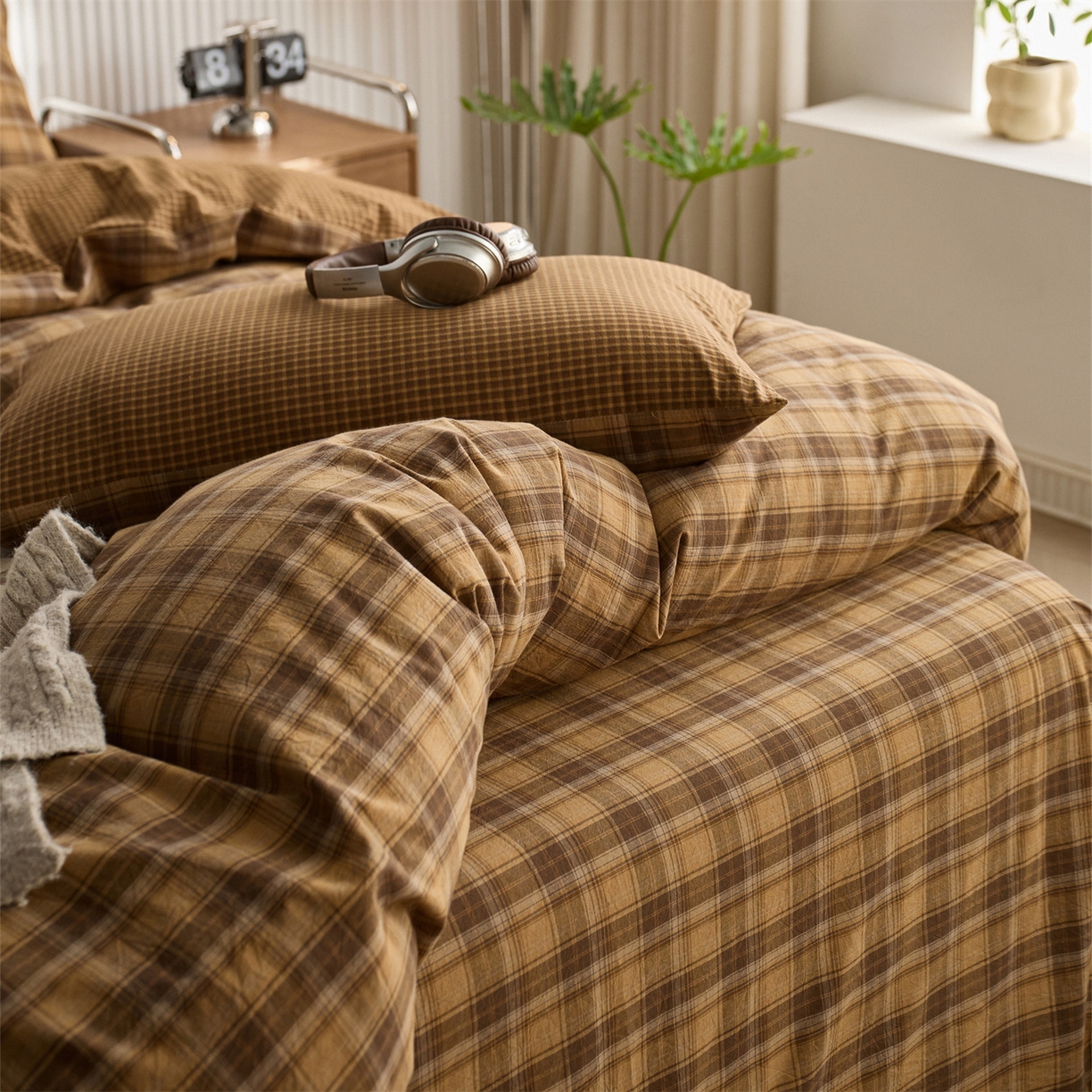 91家纺网 家纺一手货源 找家纺 启程家纺 2026新款纯棉水洗棉复古大格系列多规格纯棉四件套 苏格兰黄大格