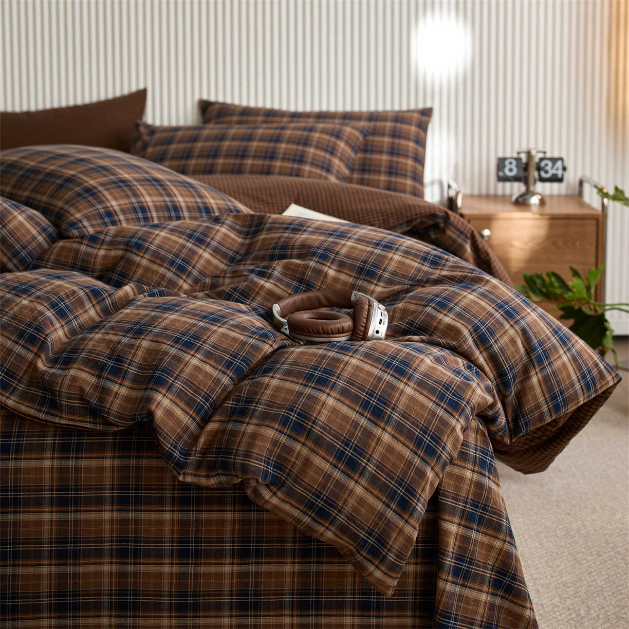 91家纺网 家纺一手货源 找家纺 启程家纺 2026新款纯棉水洗棉复古大格系列多规格纯棉四件套 苏格兰藏蓝大格