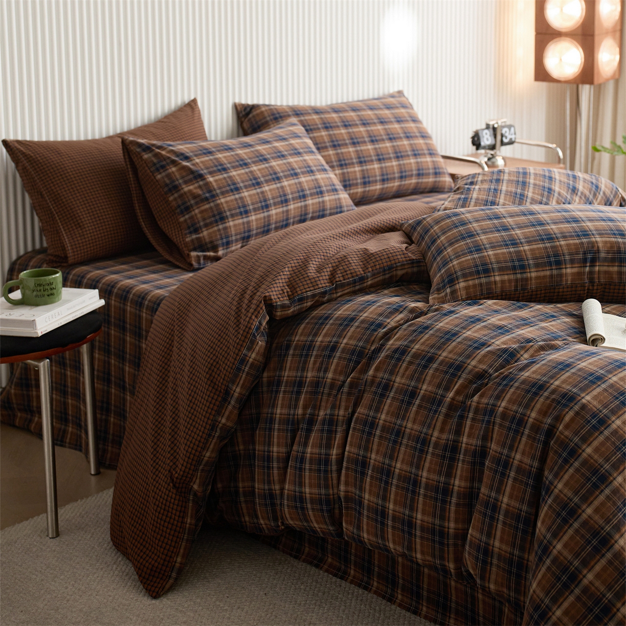 91家纺网 家纺一手货源 找家纺 启程家纺 2026新款纯棉水洗棉复古大格系列多规格纯棉四件套 苏格兰藏蓝大格