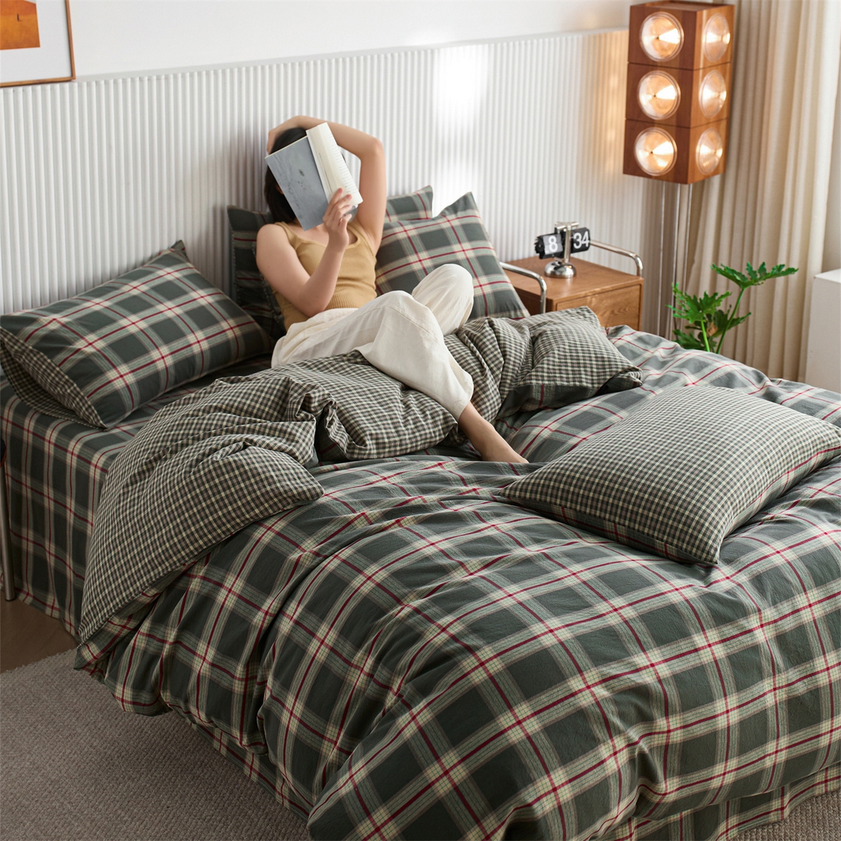 91家纺网 家纺一手货源 找家纺 启程家纺 2026新款纯棉水洗棉复古大格系列多规格纯棉四件套 摩登大绿