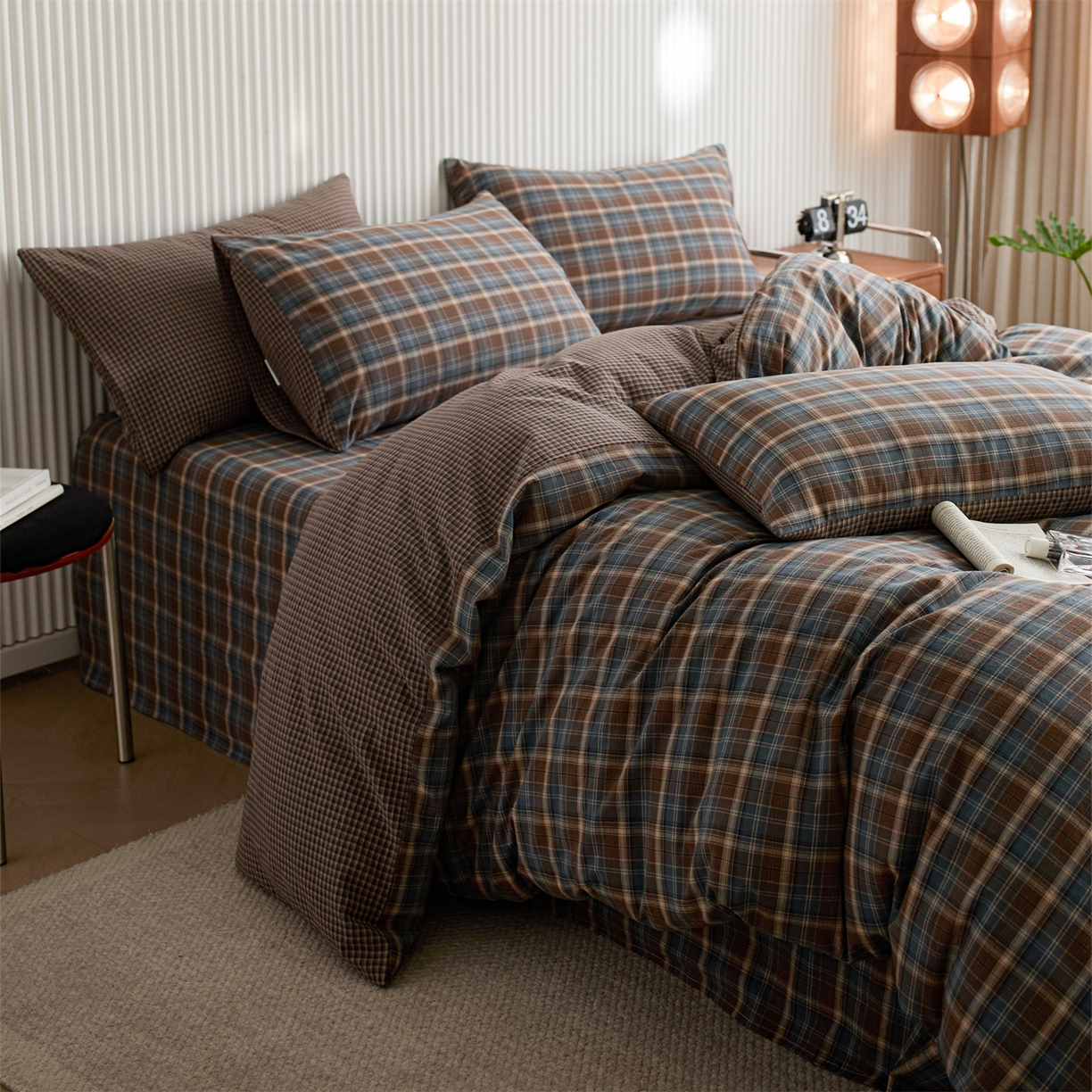 91家纺网 家纺一手货源 找家纺 启程家纺 2026新款纯棉水洗棉复古大格系列多规格纯棉四件套 苏格兰蓝大格