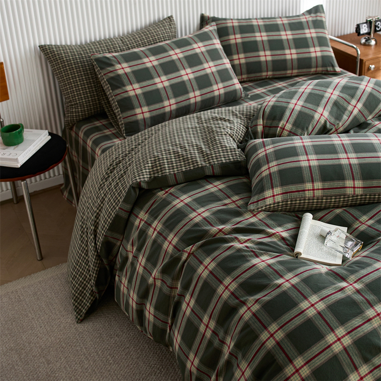 91家纺网 家纺一手货源 找家纺 启程家纺 2026新款纯棉水洗棉复古大格系列多规格纯棉四件套 摩登大绿