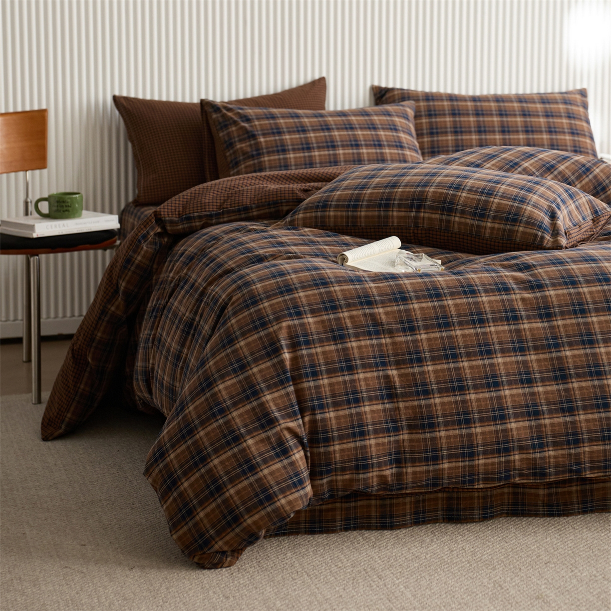 91家纺网 家纺一手货源 找家纺 启程家纺 2026新款纯棉水洗棉复古大格系列多规格纯棉四件套 苏格兰藏蓝大格