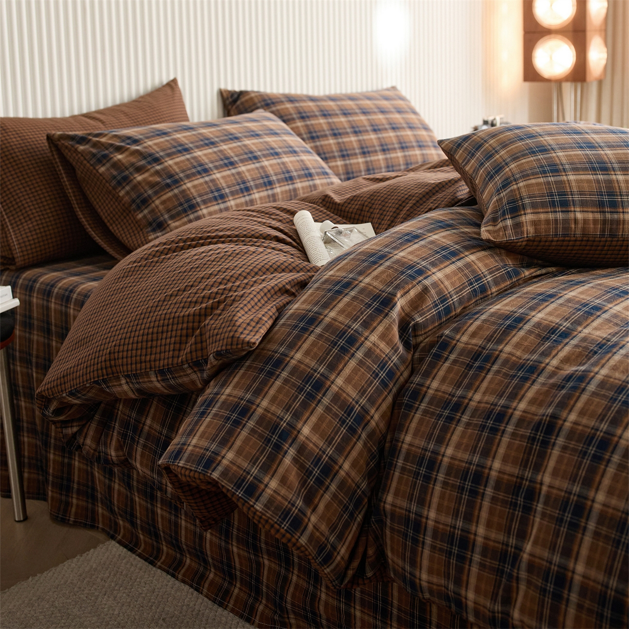 91家纺网 家纺一手货源 找家纺 启程家纺 2026新款纯棉水洗棉复古大格系列多规格纯棉四件套 苏格兰藏蓝大格