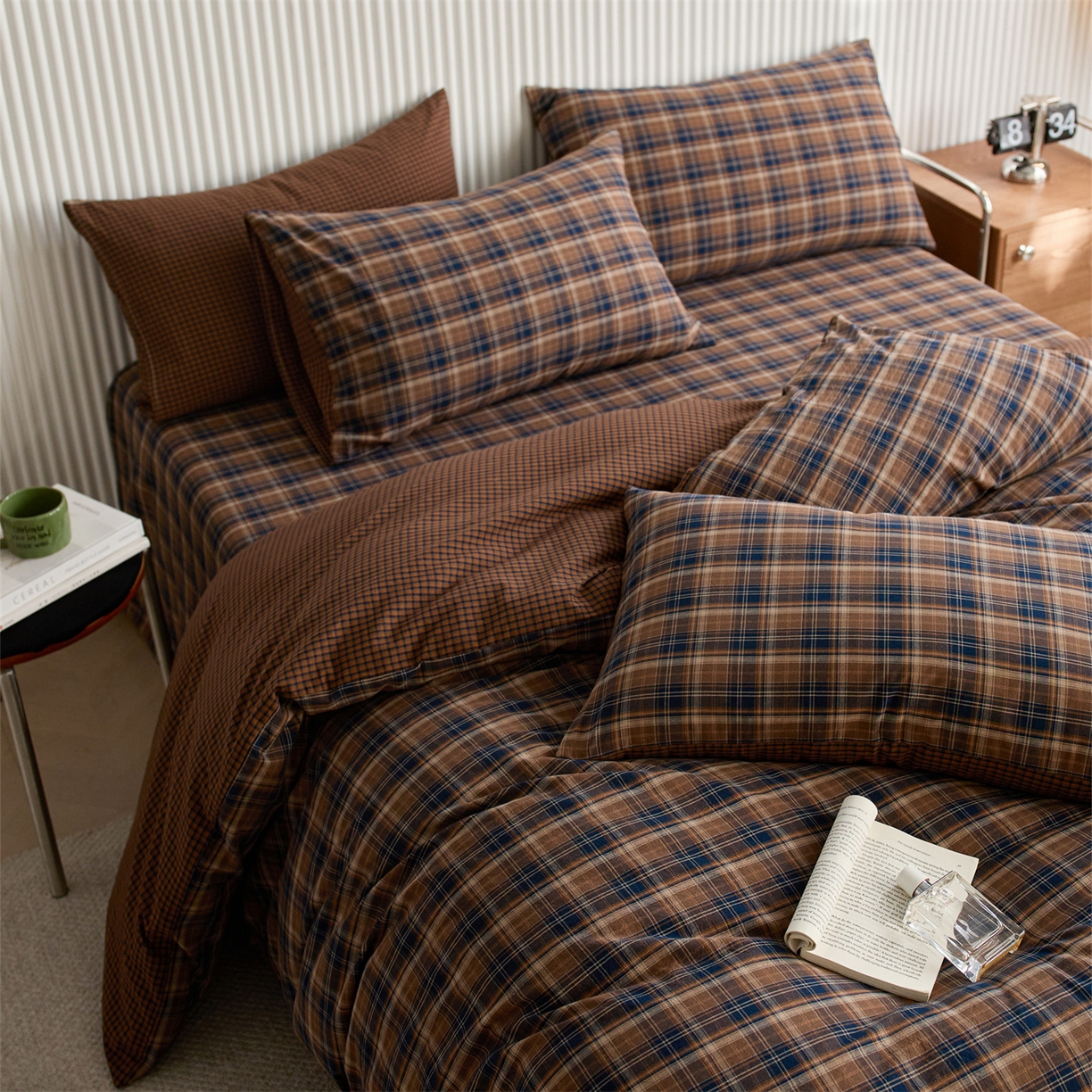 91家纺网 家纺一手货源 找家纺 启程家纺 2026新款纯棉水洗棉复古大格系列多规格纯棉四件套 苏格兰藏蓝大格