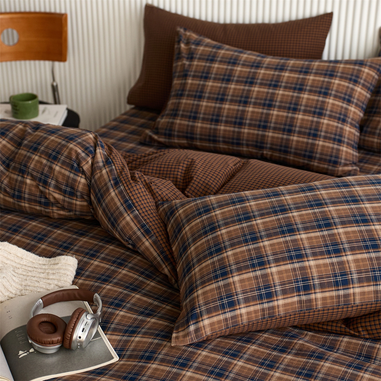 91家纺网 家纺一手货源 找家纺 启程家纺 2026新款纯棉水洗棉复古大格系列多规格纯棉四件套 苏格兰藏蓝大格