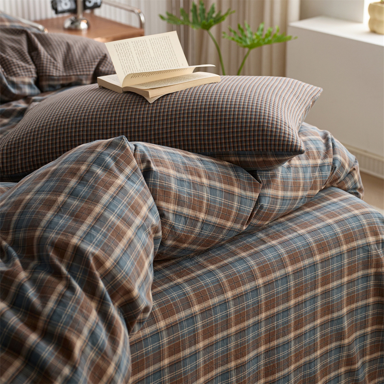 91家纺网 家纺一手货源 找家纺 启程家纺 2026新款纯棉水洗棉复古大格系列多规格纯棉四件套 苏格兰蓝大格