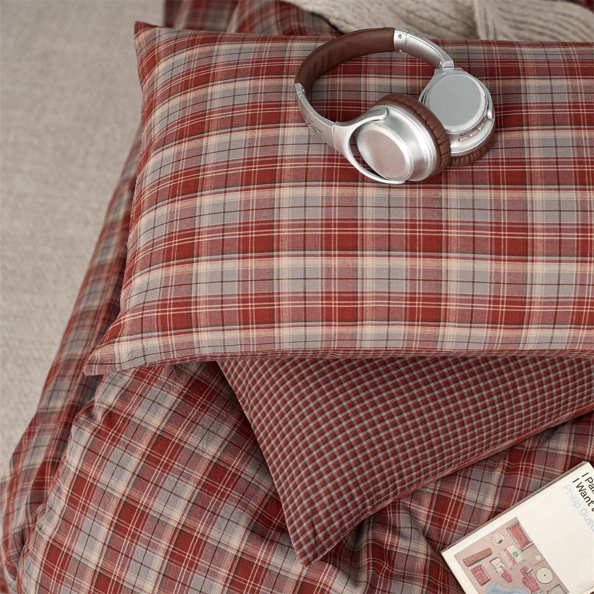 91家纺网 家纺一手货源 找家纺 启程家纺 2026新款纯棉水洗棉复古大格系列多规格纯棉四件套 苏格兰红大格