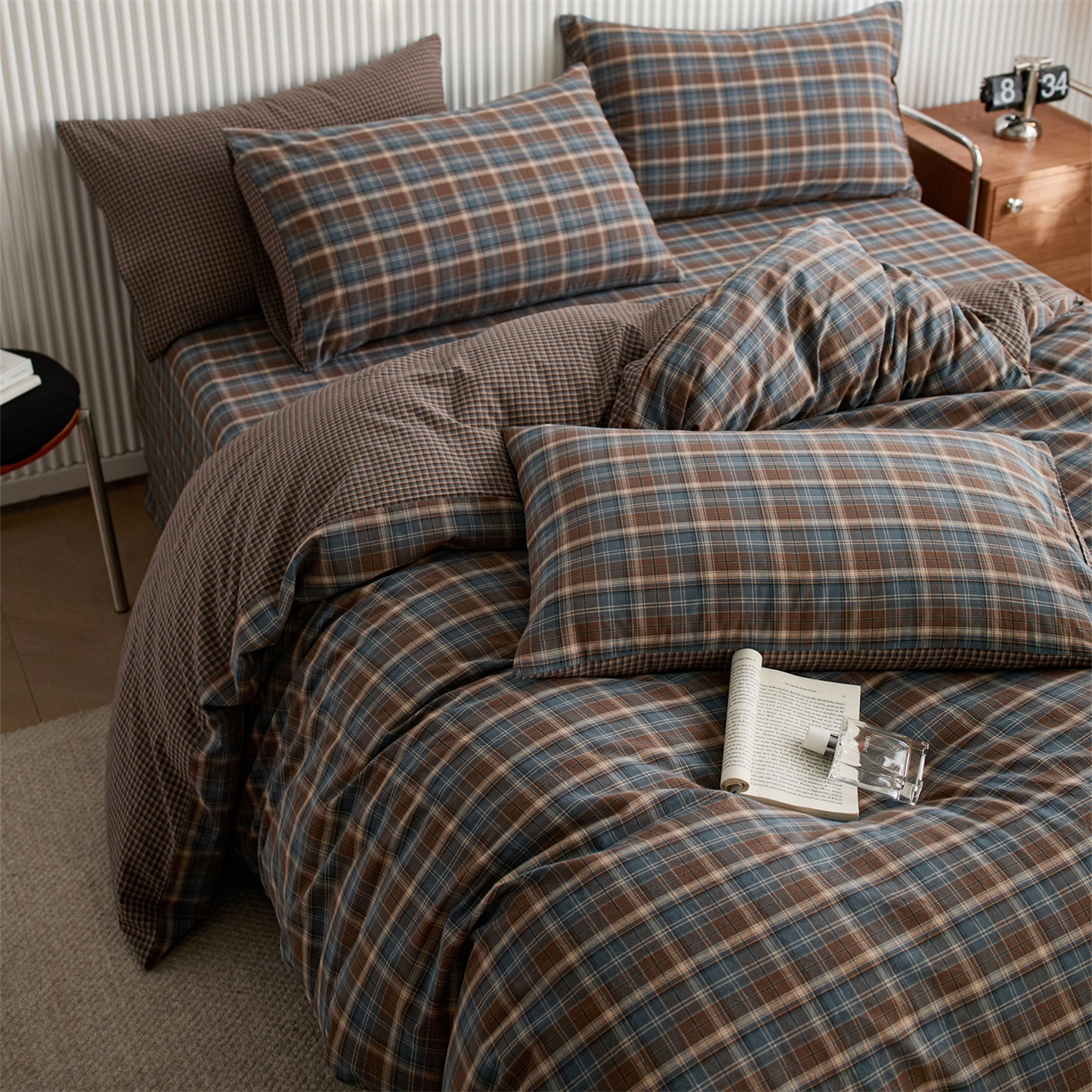 91家纺网 家纺一手货源 找家纺 启程家纺 2026新款纯棉水洗棉复古大格系列多规格纯棉四件套 苏格兰蓝大格