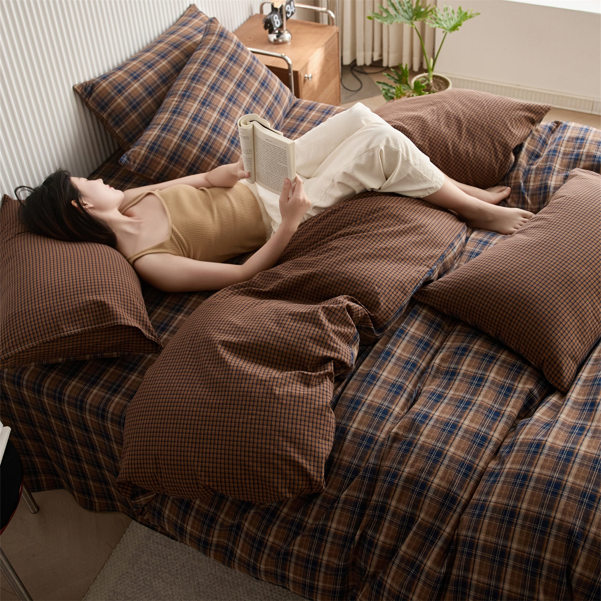 91家纺网 家纺一手货源 找家纺 启程家纺 2026新款纯棉水洗棉复古大格系列多规格纯棉四件套 苏格兰藏蓝大格