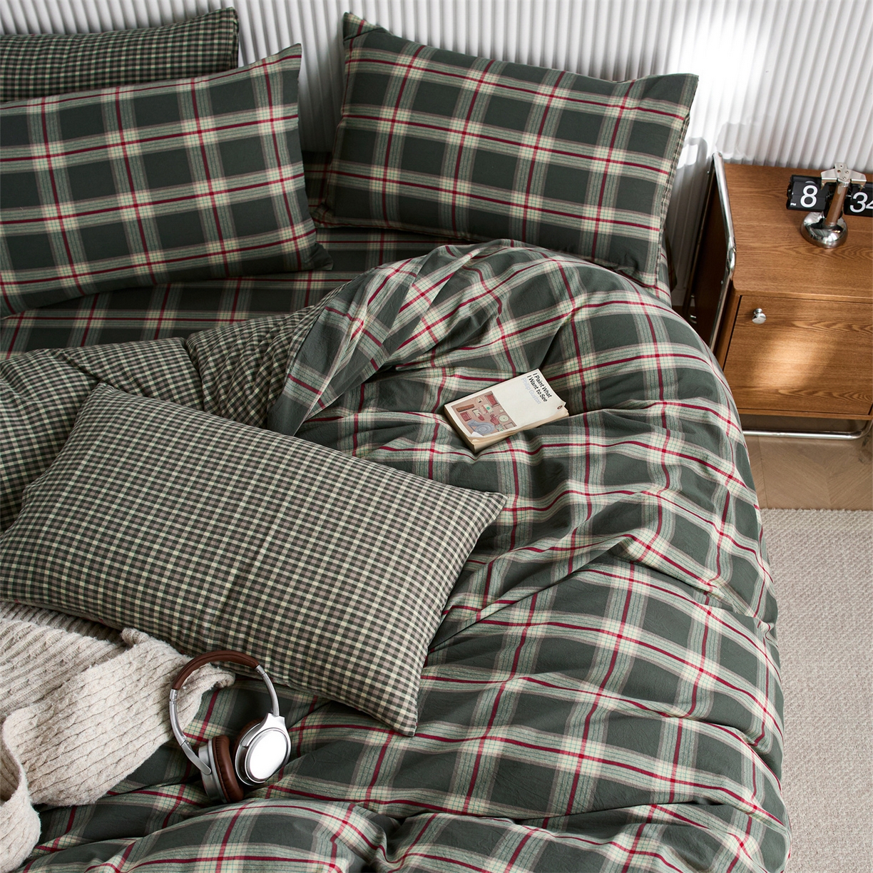 91家纺网 家纺一手货源 找家纺 启程家纺 2026新款纯棉水洗棉复古大格系列多规格纯棉四件套 摩登大绿