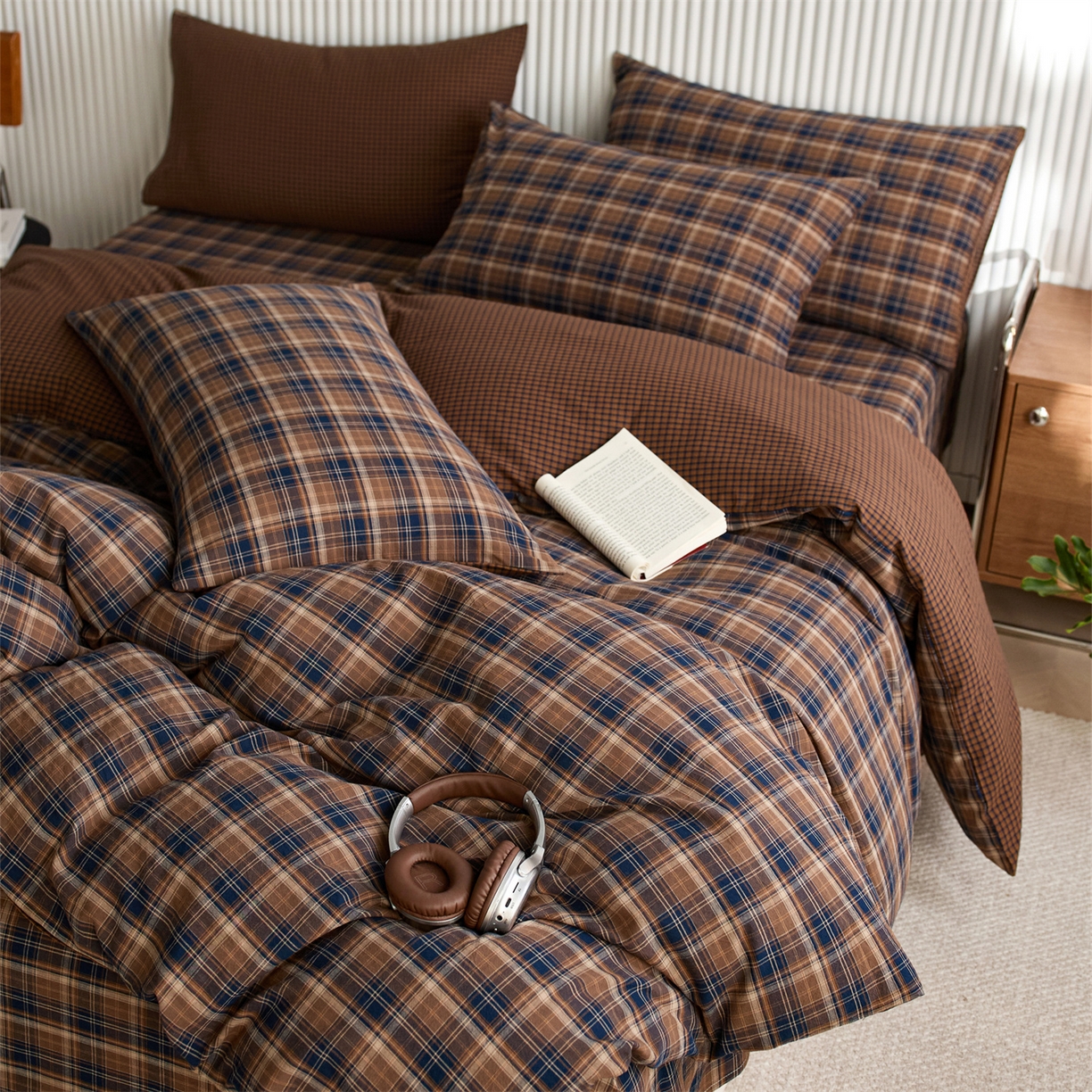 91家纺网 家纺一手货源 找家纺 启程家纺 2026新款纯棉水洗棉复古大格系列多规格纯棉四件套 苏格兰藏蓝大格