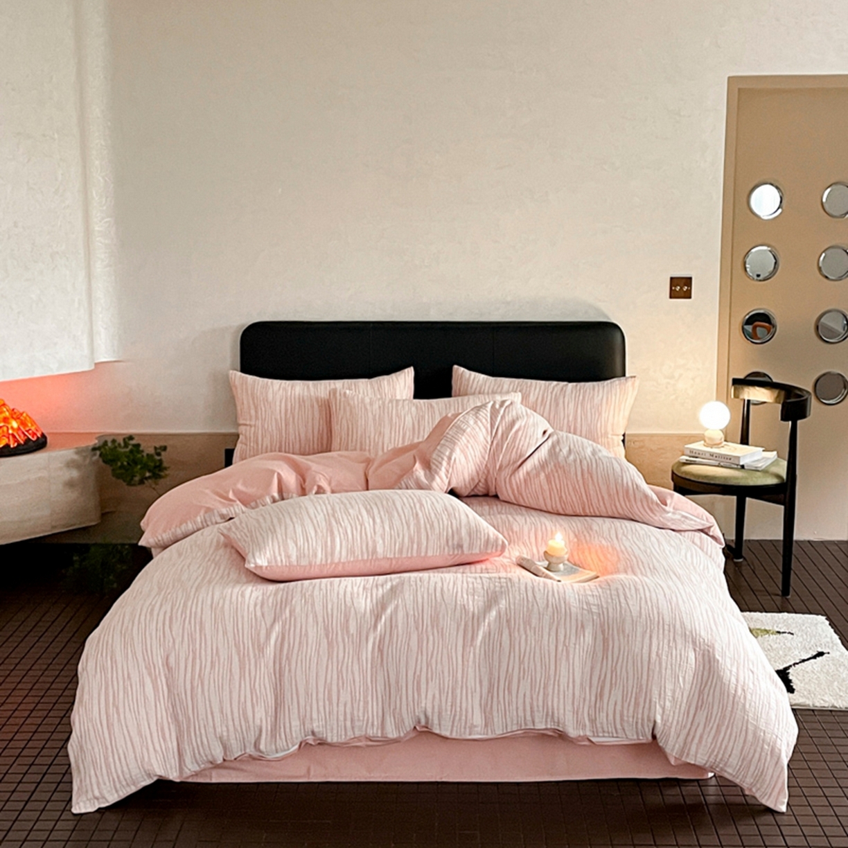 91家纺网 家纺一手货源 找家纺 ab家纺 2026新款全棉纯棉三层纱提花四件套 米亚-粉