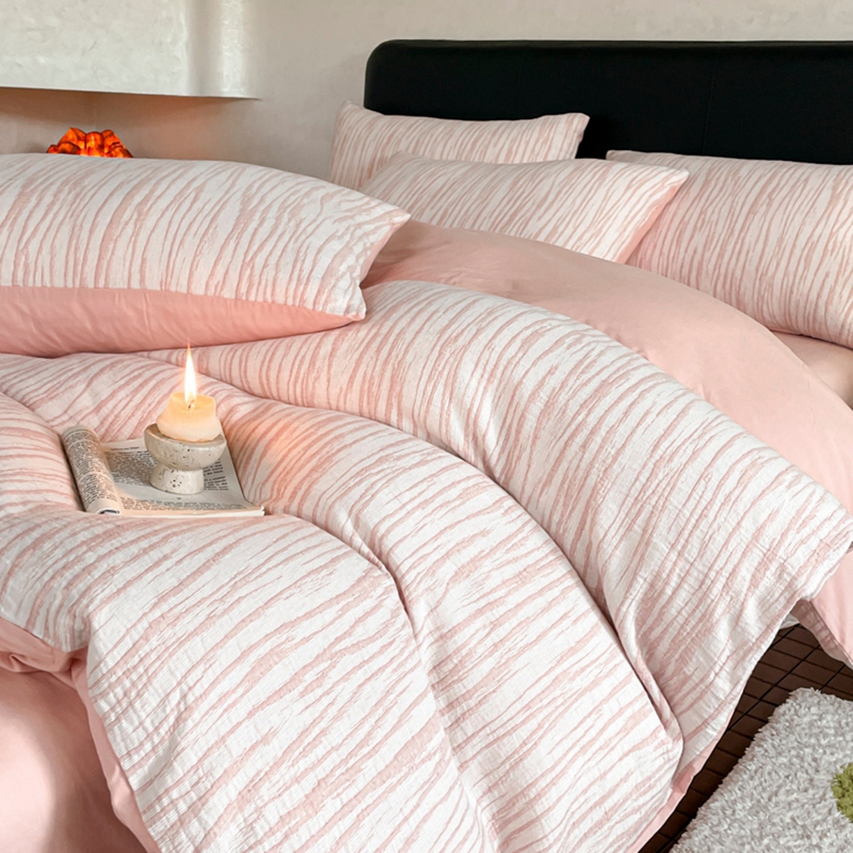 91家纺网 家纺一手货源 找家纺 ab家纺 2026新款全棉纯棉三层纱提花四件套 米亚-粉