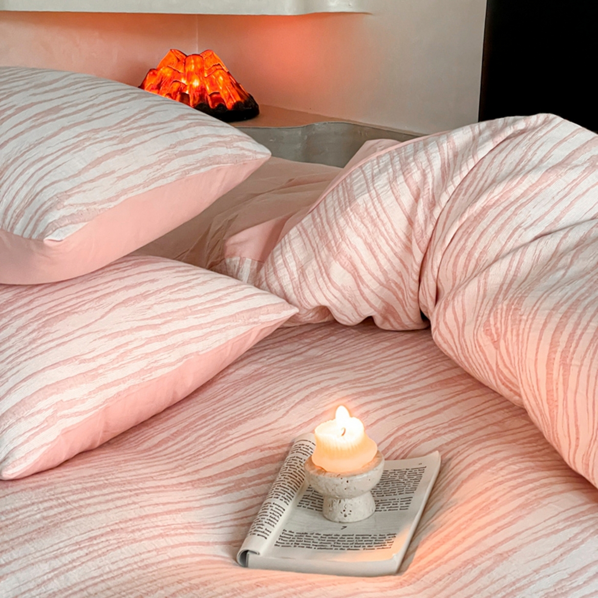 91家纺网 家纺一手货源 找家纺 ab家纺 2026新款全棉纯棉三层纱提花四件套 米亚-粉