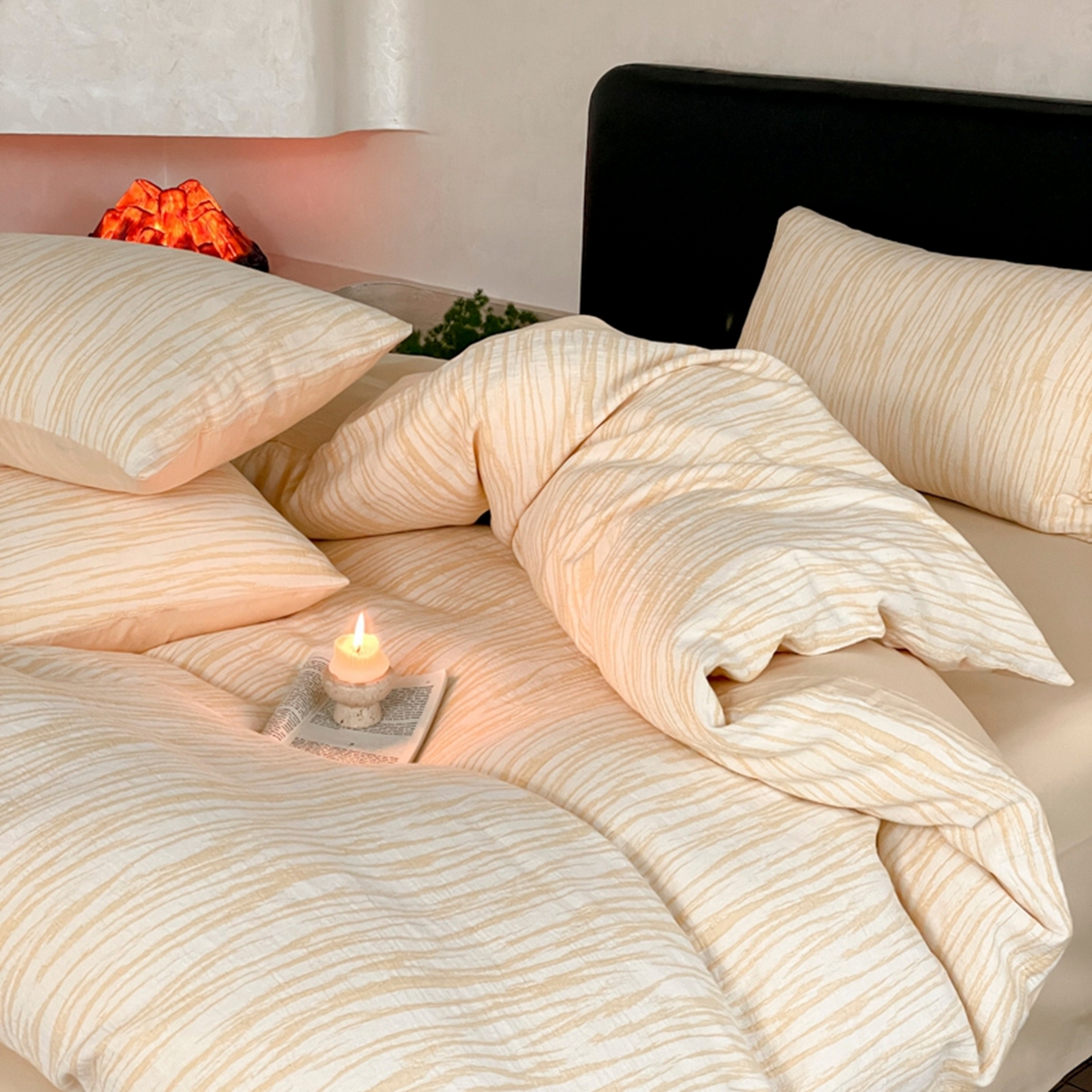 91家纺网 家纺一手货源 找家纺 ab家纺 2026新款全棉纯棉三层纱提花四件套 米亚-杏色