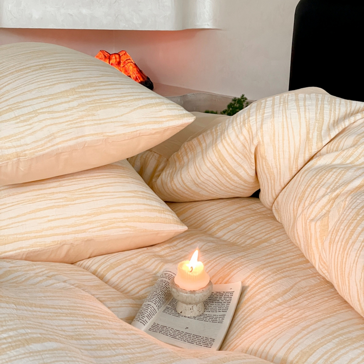 91家纺网 家纺一手货源 找家纺 ab家纺 2026新款全棉纯棉三层纱提花四件套 米亚-杏色