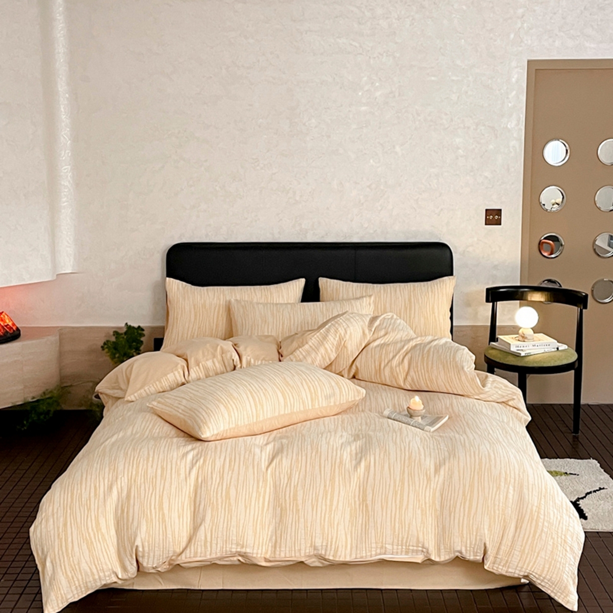 91家纺网 家纺一手货源 找家纺 ab家纺 2026新款全棉纯棉三层纱提花四件套 米亚-杏色