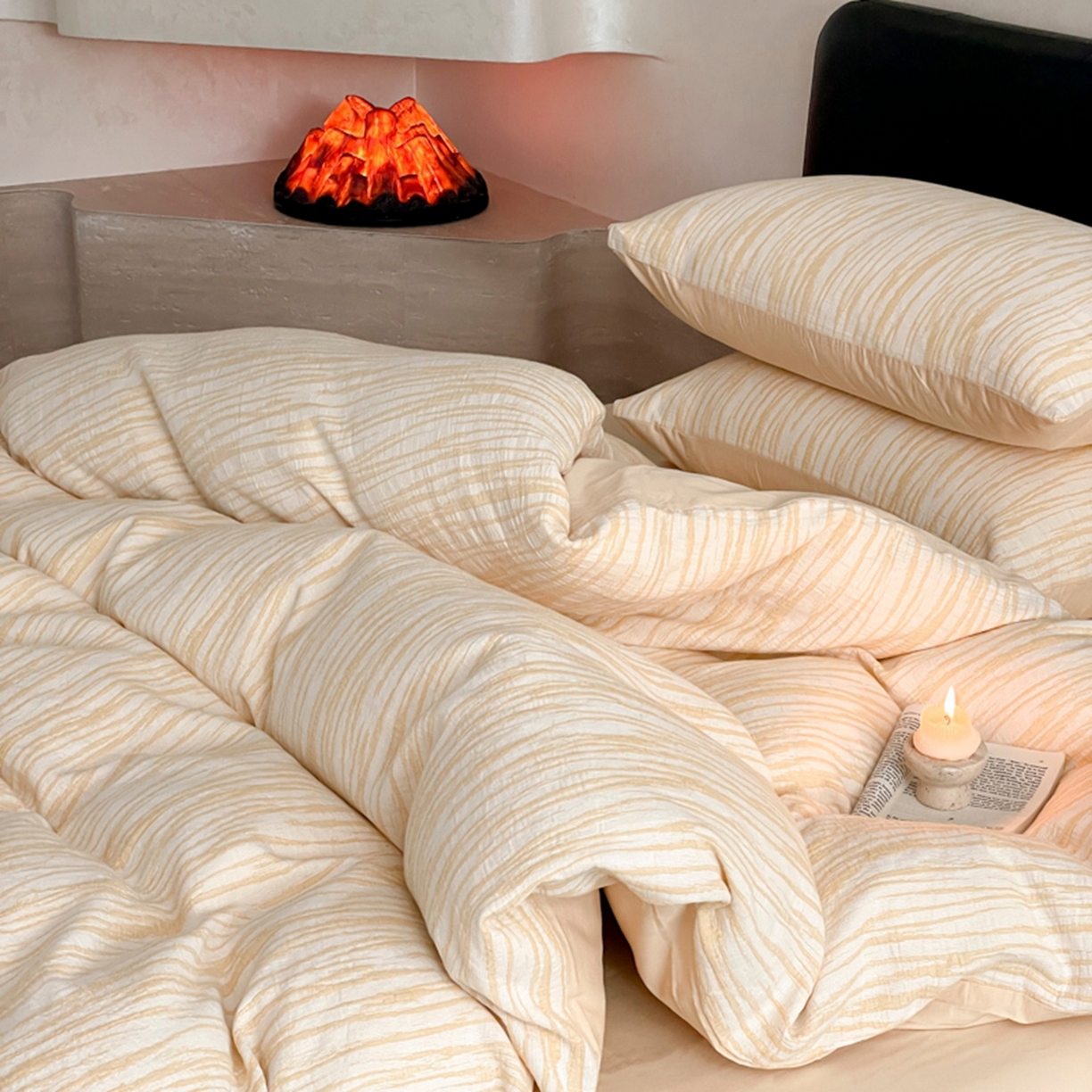 91家纺网 家纺一手货源 找家纺 ab家纺 2026新款全棉纯棉三层纱提花四件套 米亚-杏色