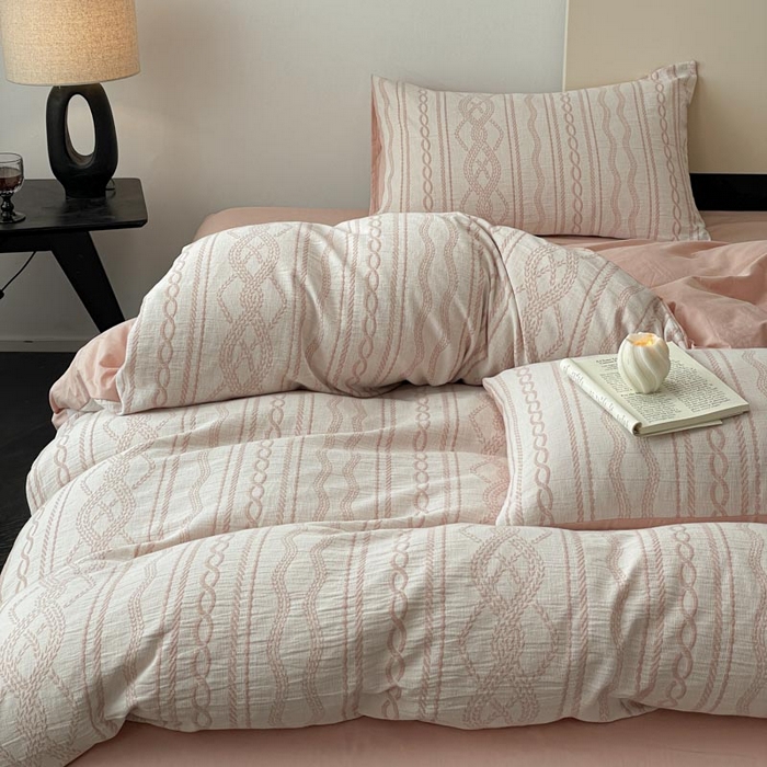 91家纺网 家纺一手货源 找家纺 ab家纺 2026新款全棉纯棉三层纱提花四件套 暖阳-粉