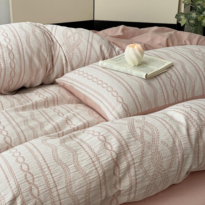 91家纺网 家纺一手货源 找家纺 ab家纺 2026新款全棉纯棉三层纱提花四件套 暖阳-粉