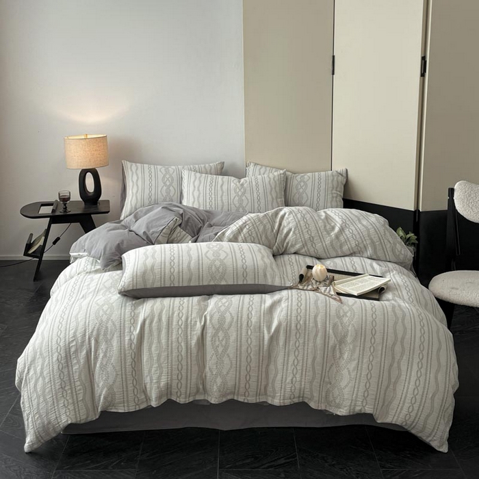 91家纺网 家纺一手货源 找家纺 ab家纺 2026新款全棉纯棉三层纱提花四件套 暖阳-灰