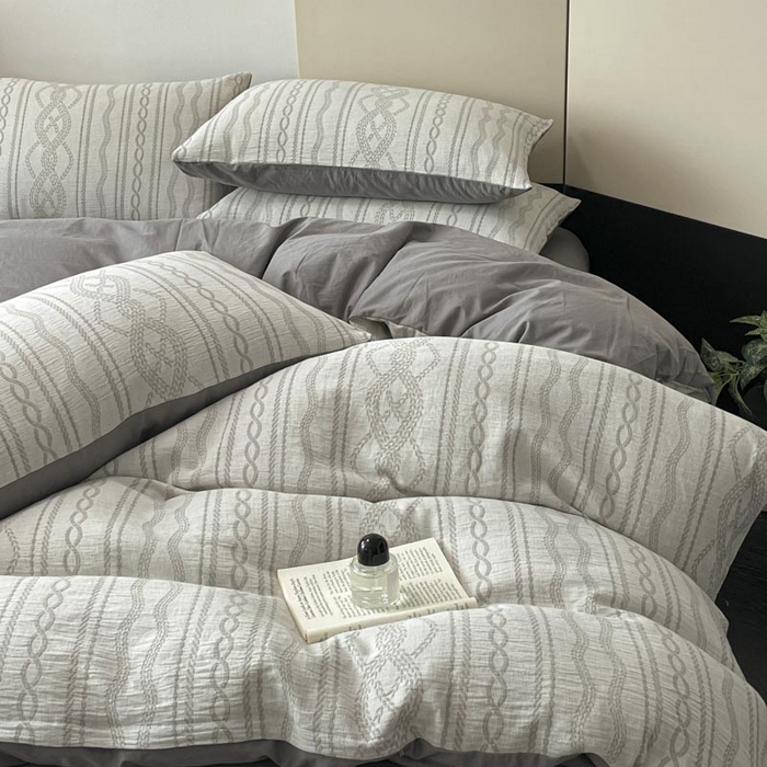 91家纺网 家纺一手货源 找家纺 ab家纺 2026新款全棉纯棉三层纱提花四件套 暖阳-灰