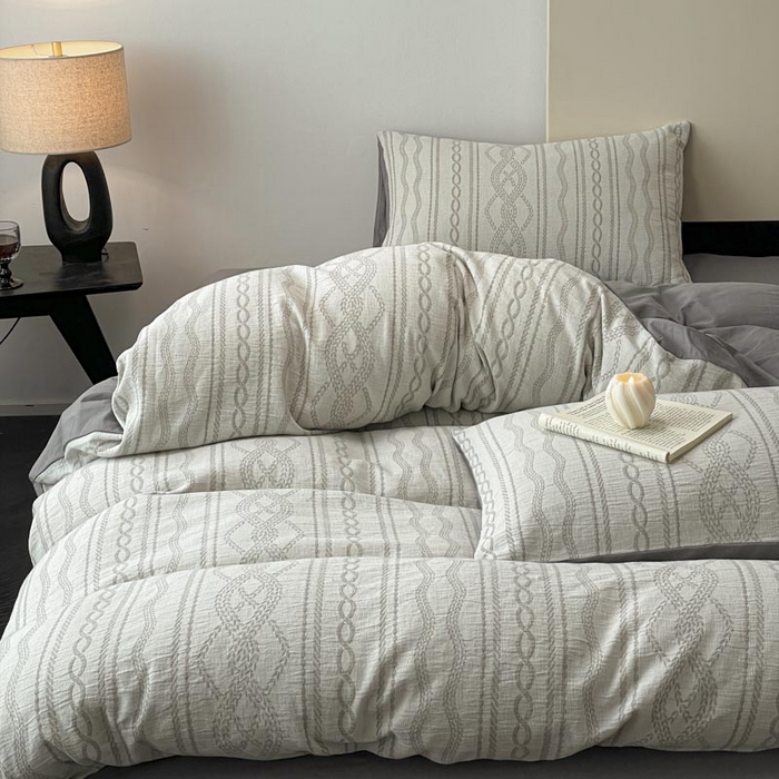 91家纺网 家纺一手货源 找家纺 ab家纺 2026新款全棉纯棉三层纱提花四件套 暖阳-灰