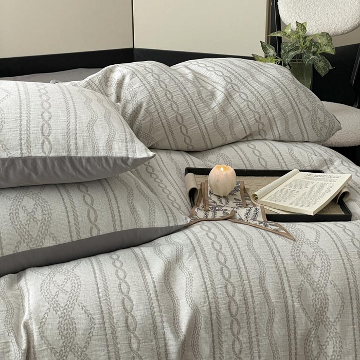 91家纺网 家纺一手货源 找家纺 ab家纺 2026新款全棉纯棉三层纱提花四件套 暖阳-灰