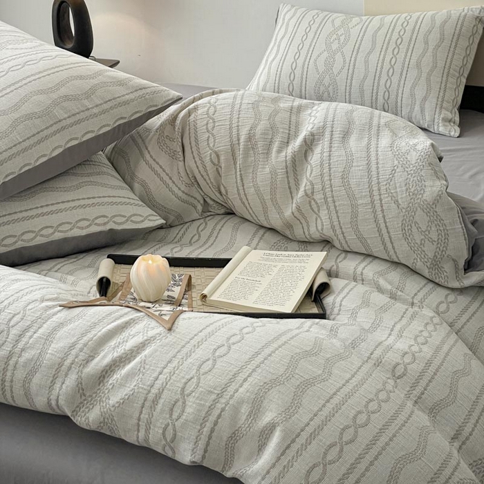 91家纺网 家纺一手货源 找家纺 ab家纺 2026新款全棉纯棉三层纱提花四件套 暖阳-灰