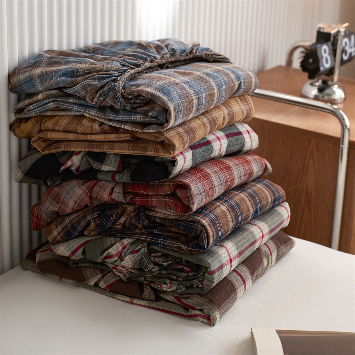 91家纺网 家纺一手货源 找家纺 （总）启程家纺 2026新款纯棉水洗棉复古大格系列多规格纯棉床笠