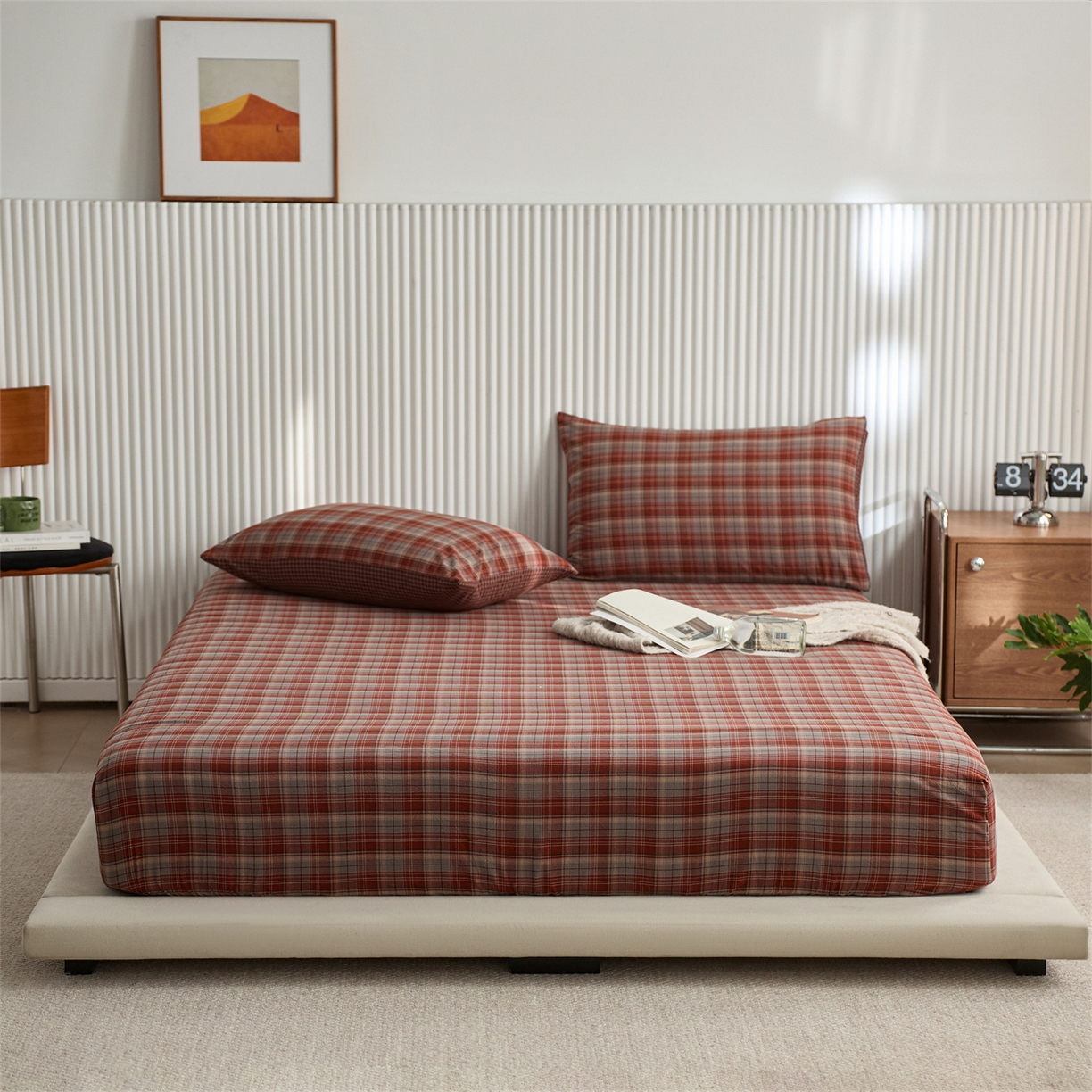 91家纺网 家纺一手货源 找家纺 启程家纺 2026新款纯棉水洗棉复古大格系列多规格纯棉床笠 苏格兰红大格