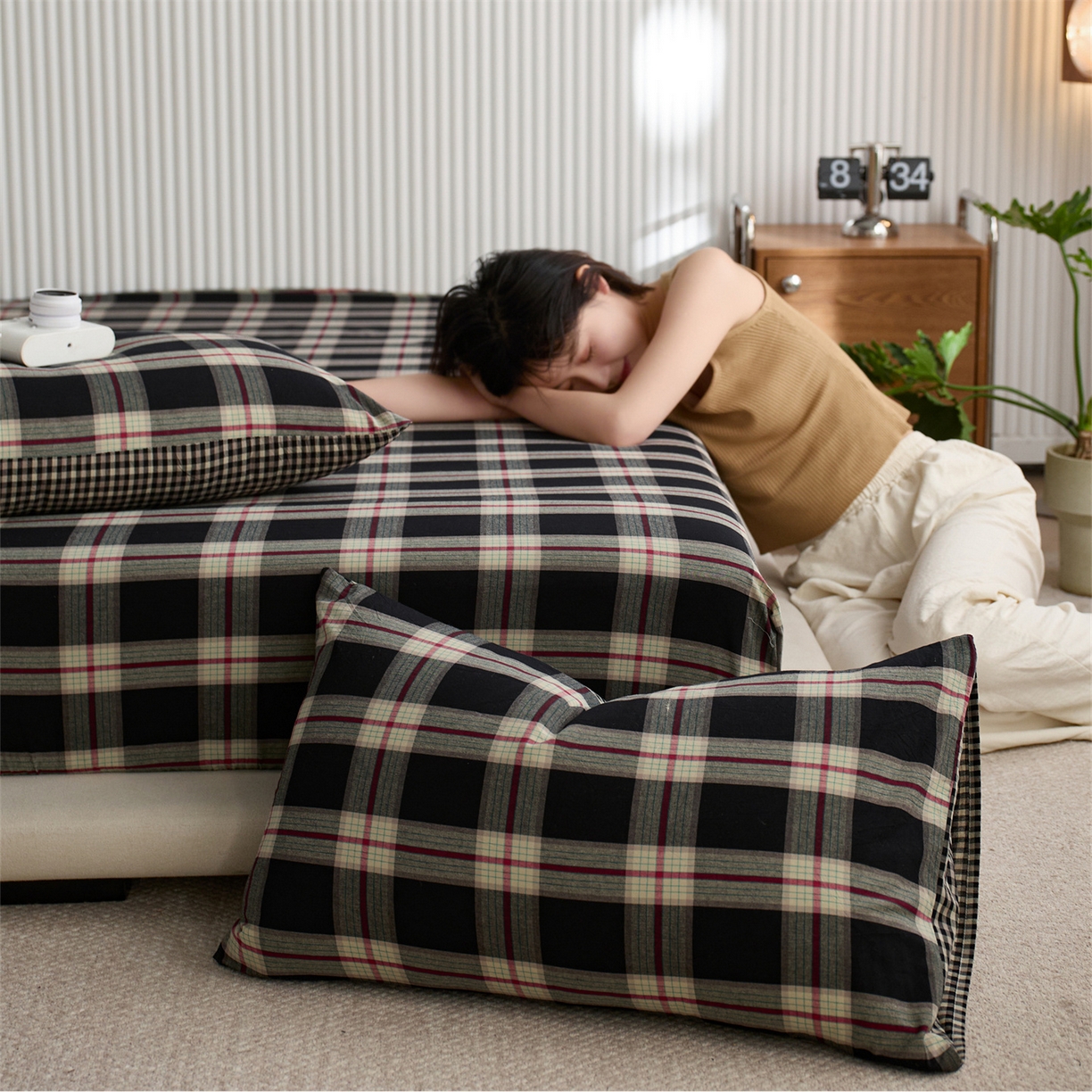 91家纺网 家纺一手货源 找家纺 （总）启程家纺 2026新款纯棉水洗棉复古大格系列多规格纯棉床笠