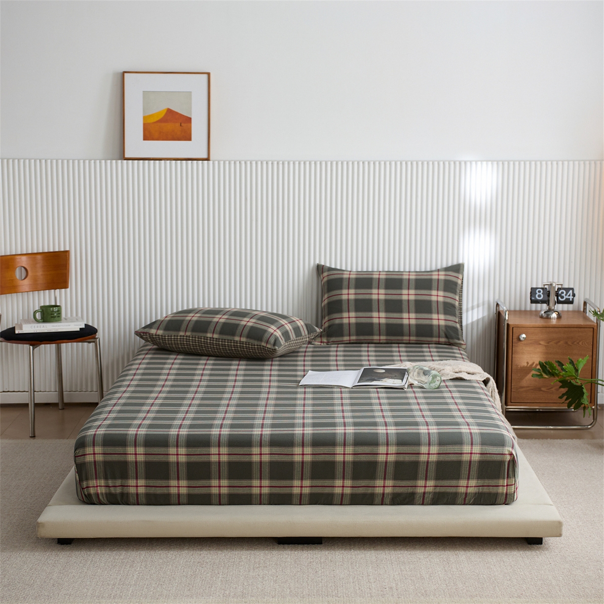 91家纺网 家纺一手货源 找家纺 启程家纺 2026新款纯棉水洗棉复古大格系列多规格纯棉床笠 摩登大绿