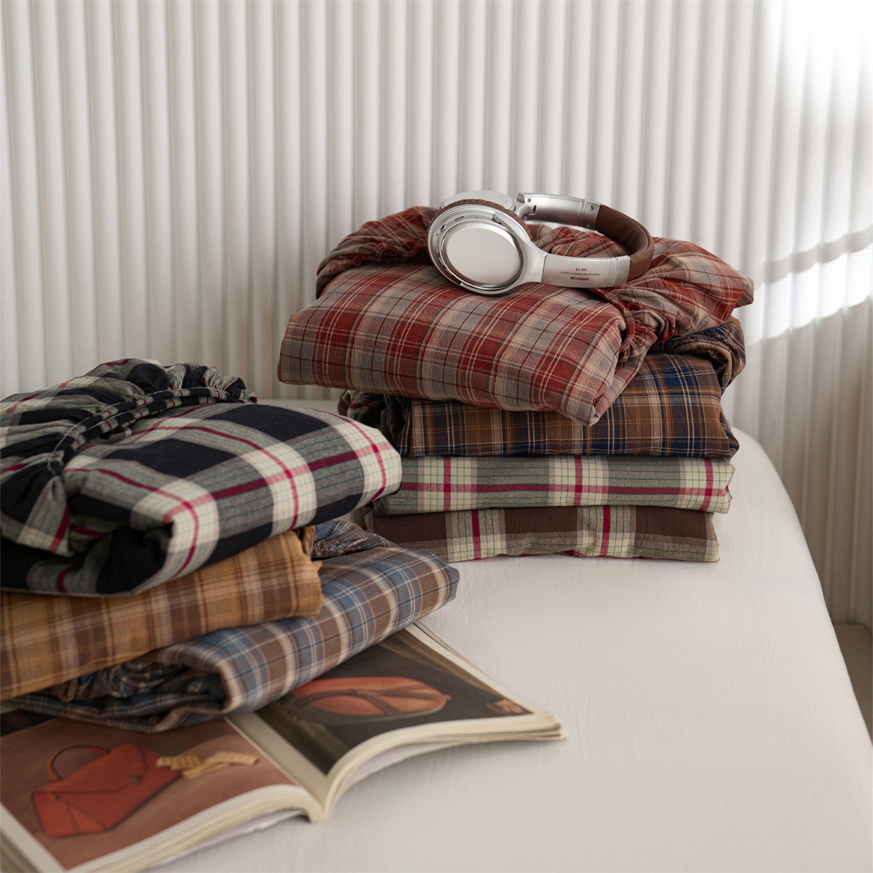 91家纺网 家纺一手货源 找家纺 启程家纺 2026新款纯棉水洗棉复古大格系列多规格纯棉床笠 组合