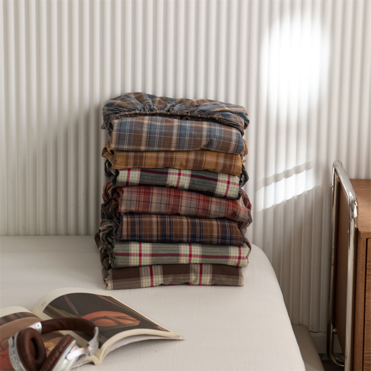 91家纺网 家纺一手货源 找家纺 启程家纺 2026新款纯棉水洗棉复古大格系列多规格纯棉床笠 组合